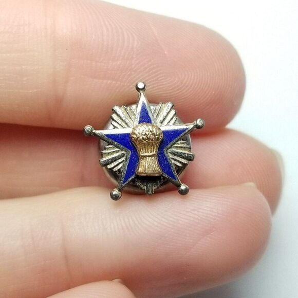 Vintage Grange Hall Five Pointed Star Wheat Lapel Pin Silver Tone Blue Enamel - Picture 7 of 7